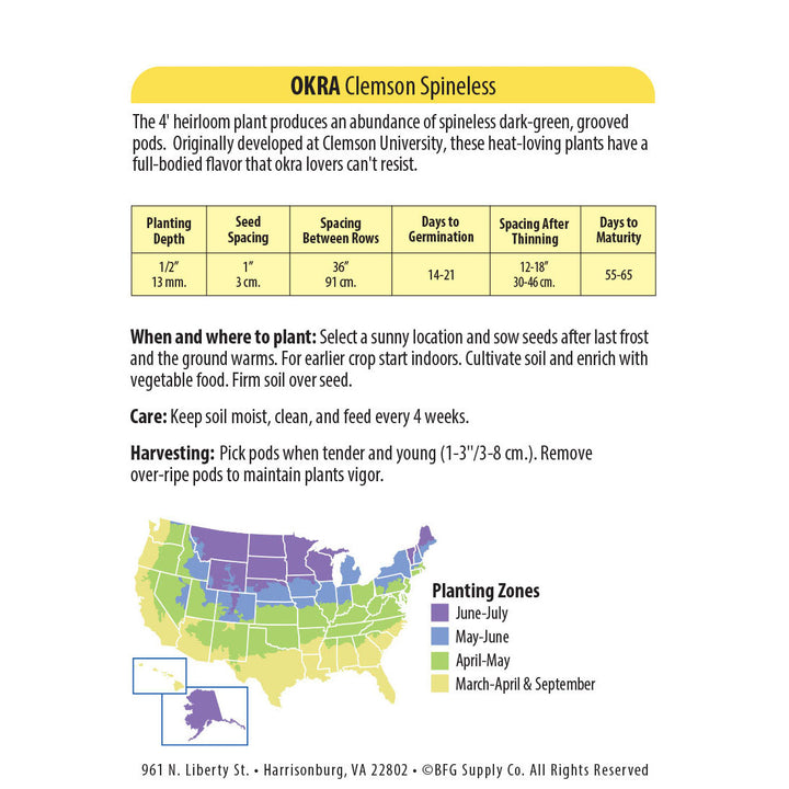 Wetsel Seed™ Heirloom Okra Clemson Spinless Seed